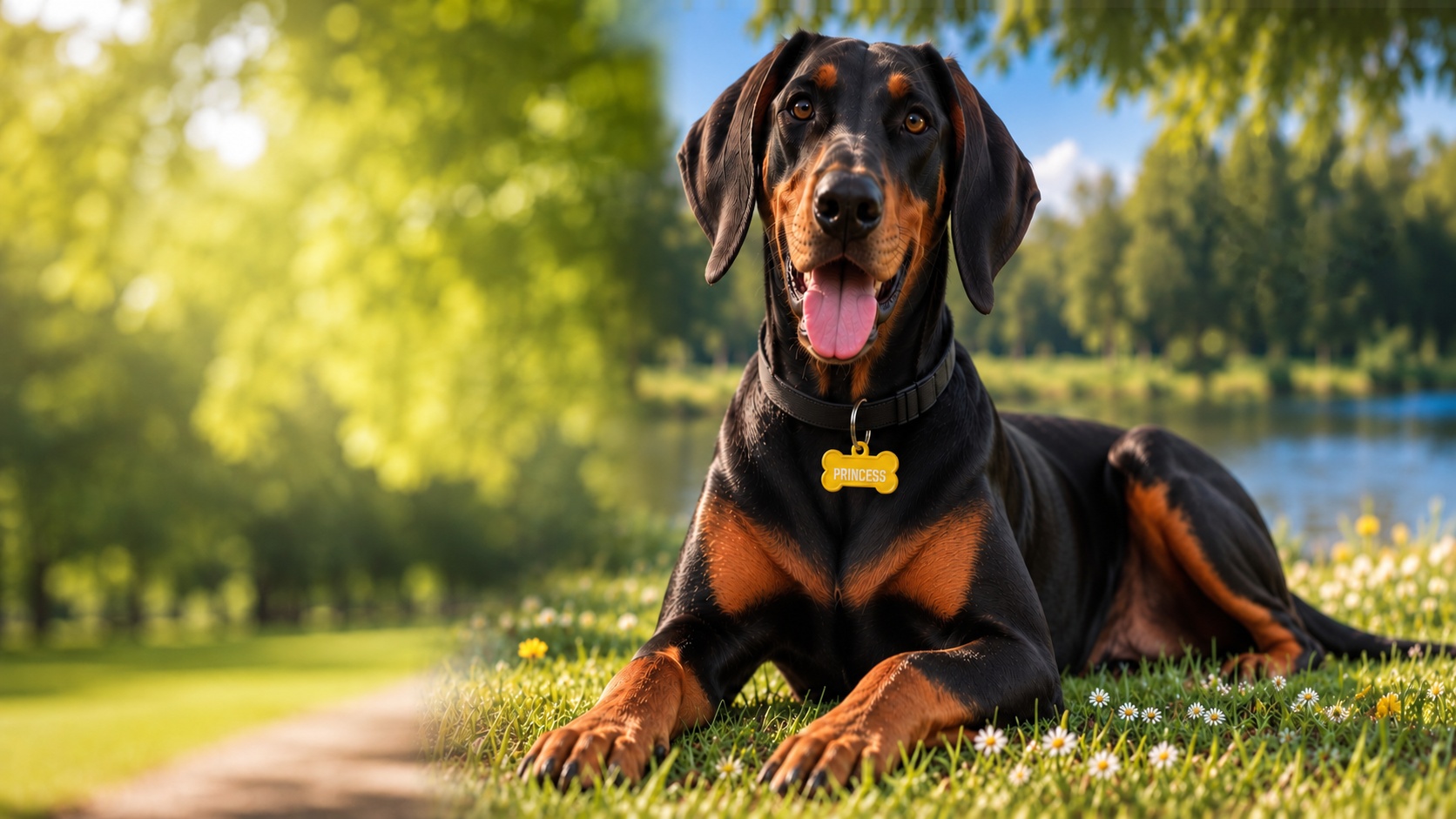 Doberman with natural ears wearing a naturally hanging yellow Princess InSyncPets dog tag by a lake